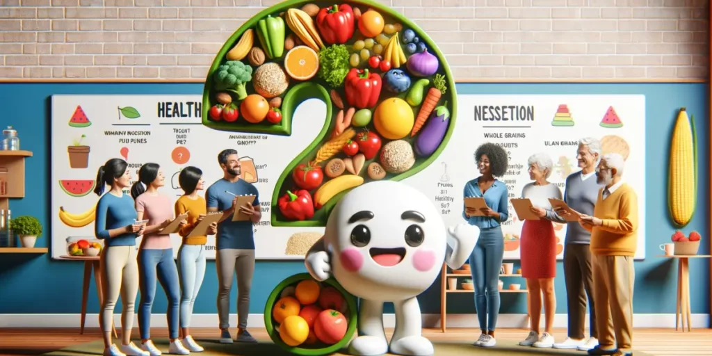 A bright and colorful image depicting a Q&A session about a healthy diet. The scene includes a large, friendly cartoon character shaped like a questio