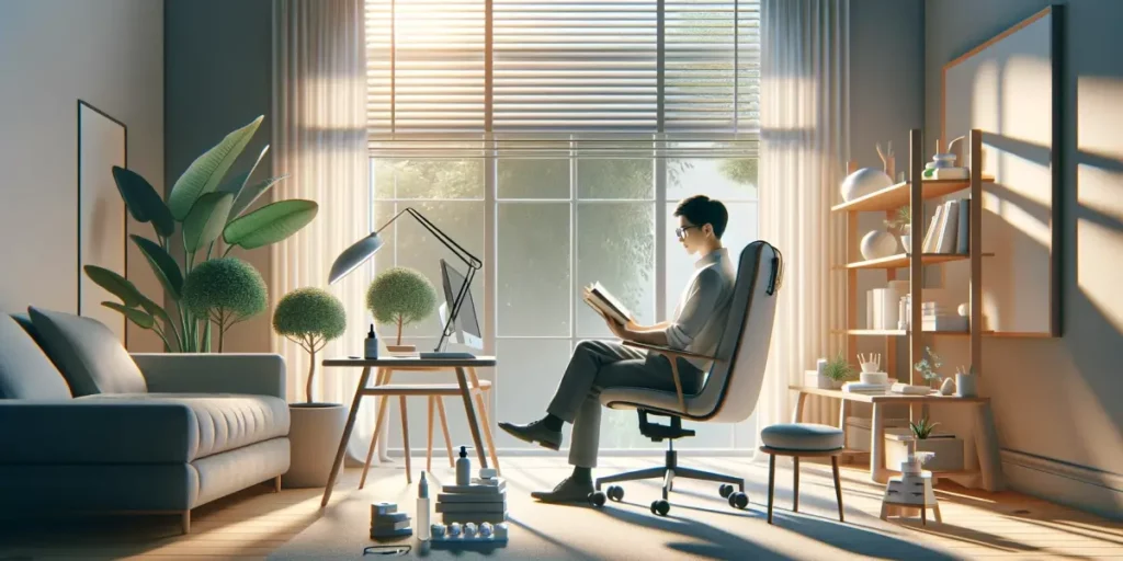 A calming living room setup promoting eye health in daily life. The scene includes a person wearing glasses with anti-reflective coating, sitting comf