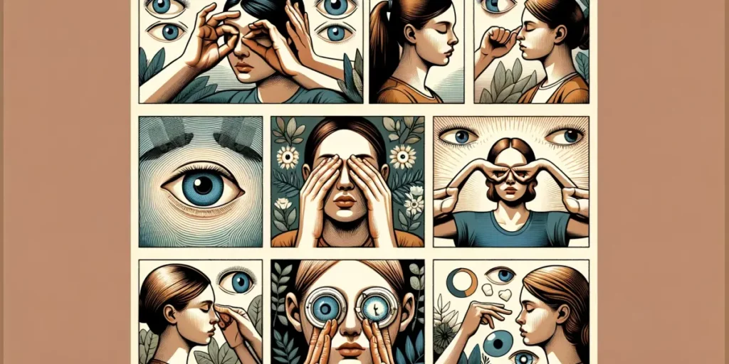 A collage depicting various eye health exercises. The first segment shows an individual practicing focusing exercises by alternating focus between a n