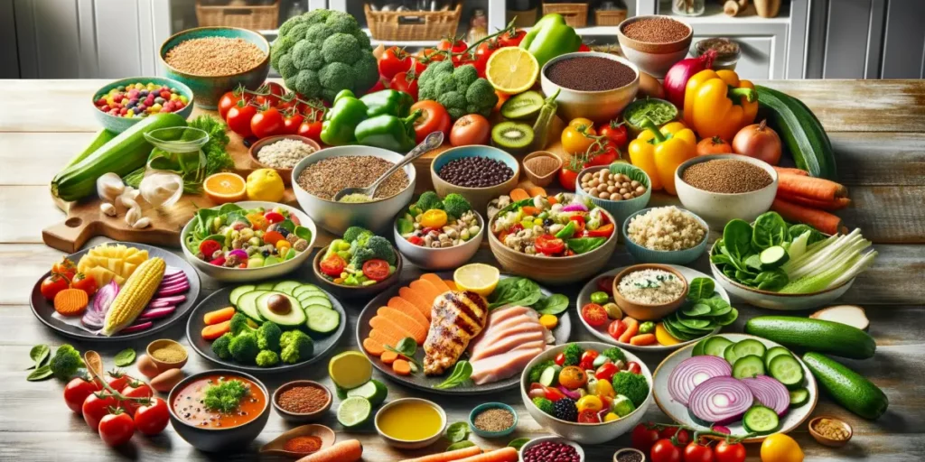 A colorful and appetizing array of low-glycemic index foods arranged in a kitchen setting for a healthy diet. The image features a variety of fresh ve