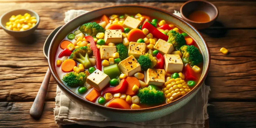 A colorful and appetizing dish featuring tofu and vegetable stew in a wide, shallow bowl. The stew consists of cubed tofu, vibrant red bell peppers, g