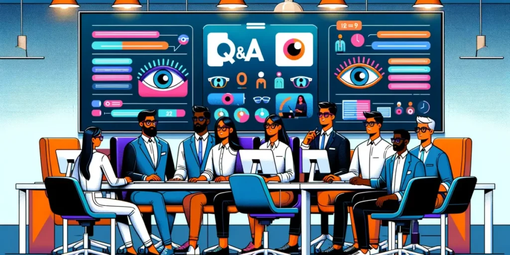 A colorful and educational Q&A session about eye health for people in computer-related professions. The image depicts a modern office environment with