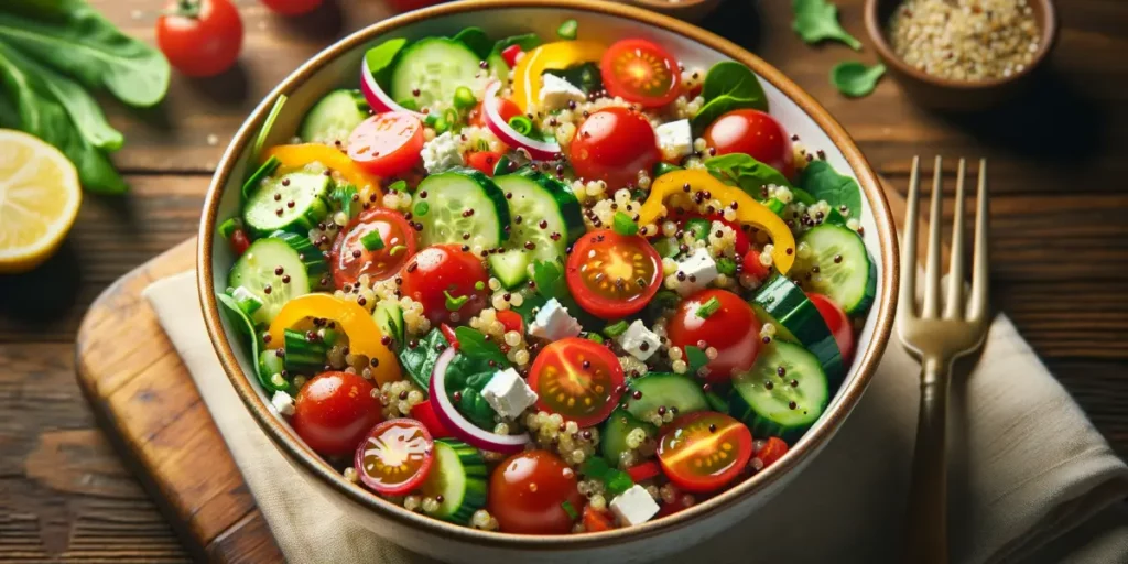 A colorful quinoa salad served in a bowl. The salad features cooked quinoa, mixed with an array of fresh vegetables such as cherry tomatoes, sliced cu
