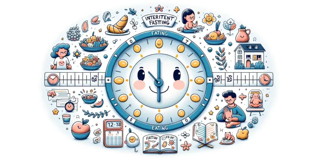 A creative and engaging horizontal illustration that visualizes the concept and principles of intermittent fasting. The image features a large, friend