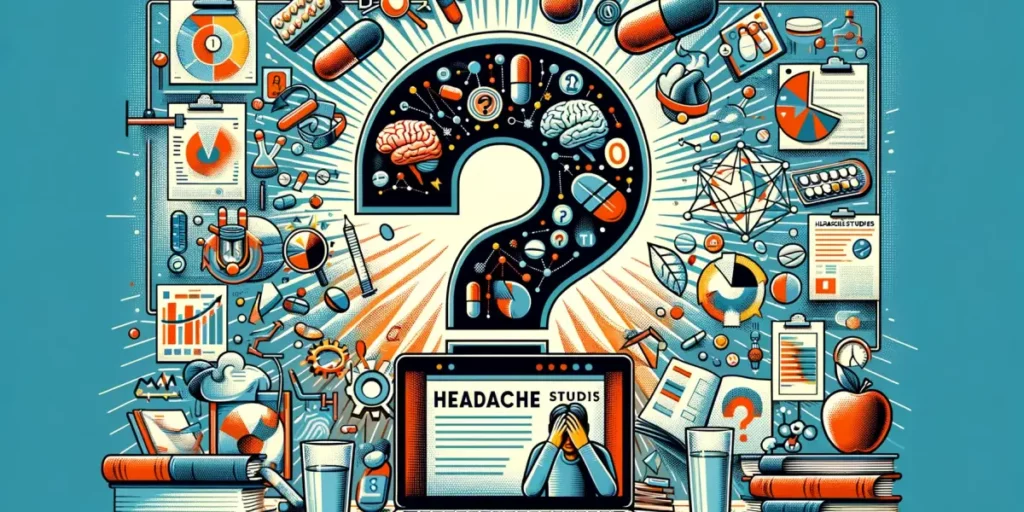 A creative illustration depicting a Q&A session about headaches. The image should include a large question mark surrounded by various headache-related