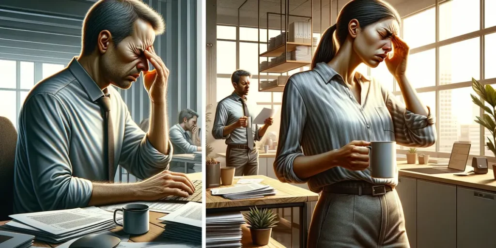 A detailed depiction of a person experiencing a headache in a modern office setting. The first image shows a middle-aged Caucasian male office worker