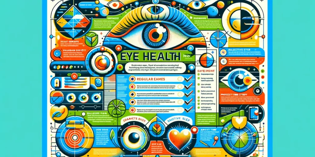 A detailed, horizontal infographic titled 'Eye Health Checklist'. It should include vibrant, easy-to-read sections, each with a simple icon and a brie