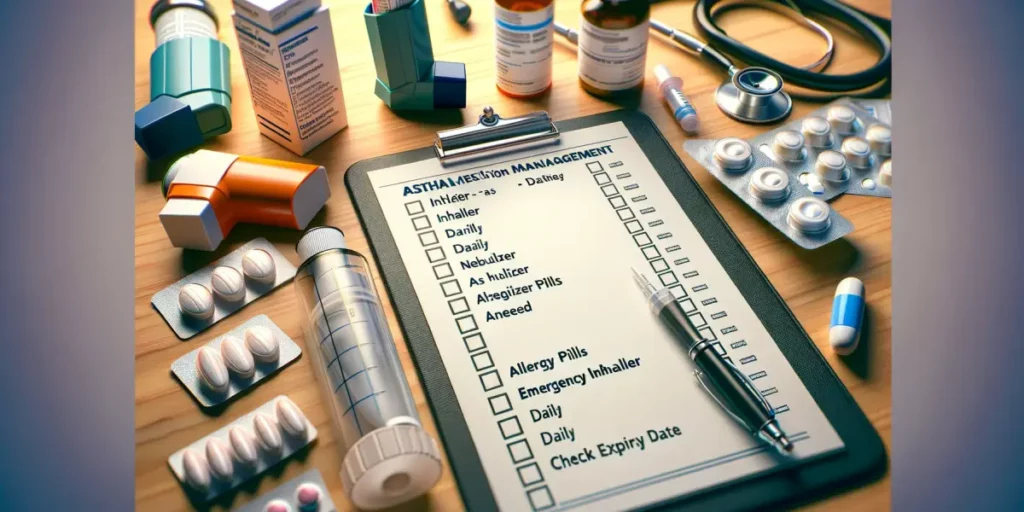 A detailed illustration of an asthma medication management checklist. The checklist is displayed on a clipboard, with a variety of asthma medications