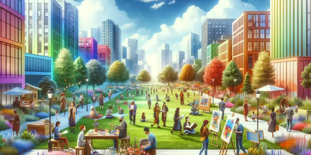 A digital artwork illustrating the concept of respecting individuality in a diverse social setting. The image shows a colorful urban park scene, where