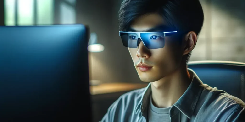 A digital device user, wearing advanced eye protection glasses, sitting in a well-lit modern room. The user is a young adult, Asian descent, with shor
