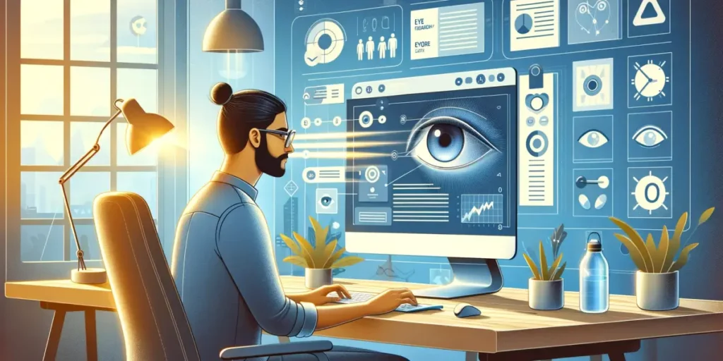 A digital illustration depicting the concept of eye health in the digital age. The image shows a person working at a computer in a well-lit, ergonomic