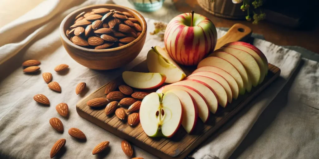 A healthy and appealing snack setup featuring sliced apples and almonds. The apples are freshly cut into thin slices and neatly arranged on a wooden c