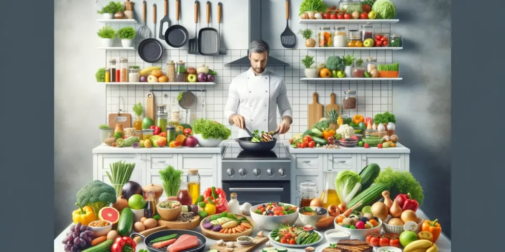 A kitchen scene showcasing various healthy food combinations and cooking methods. The image features a modern kitchen counter with an array of fresh i