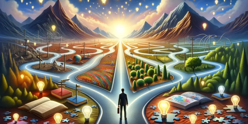 A metaphorical representation of gaining a new perspective when facing difficulties_ an individual standing at a crossroads with multiple paths ahead,