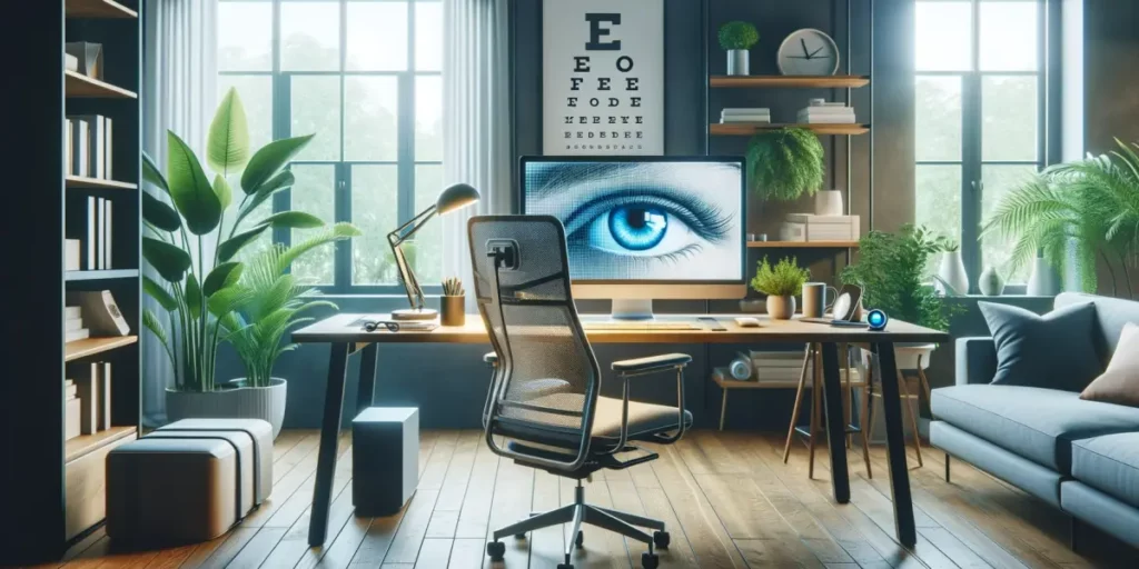 A modern, ergonomically designed workspace promoting eye health. The setting includes a spacious desk with an adjustable ergonomic chair. There's a co