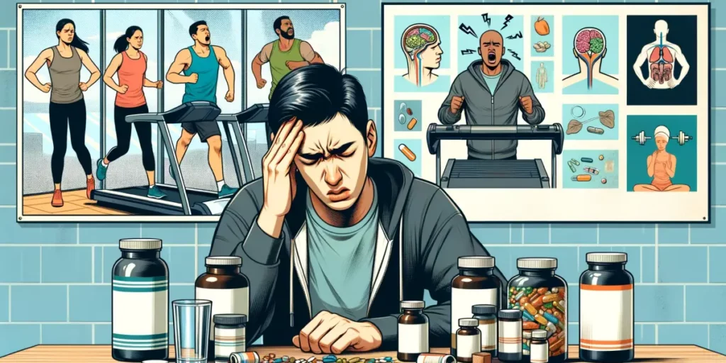 A person of indeterminate gender and Hispanic descent experiencing a tension headache while trying to exercise. They're holding their head in (2)