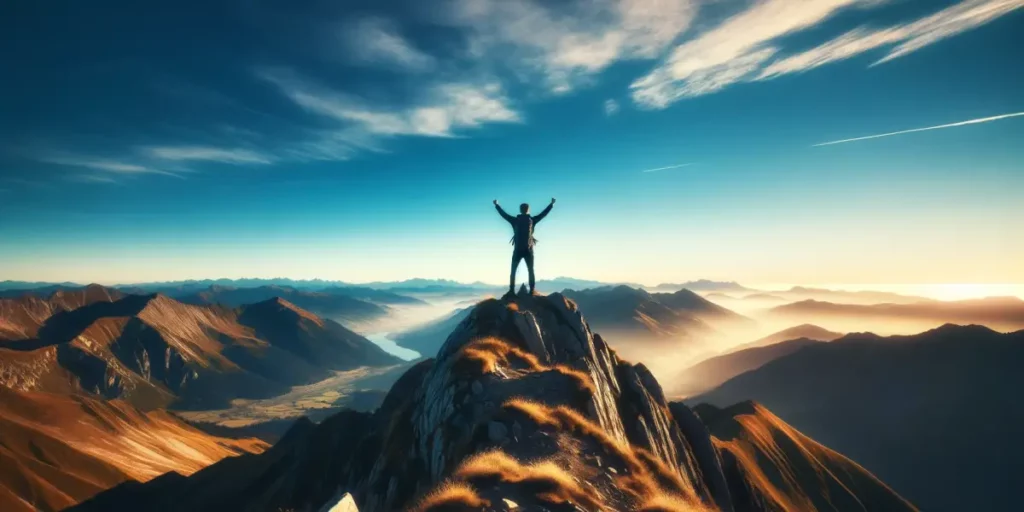 A person standing on top of a mountain peak with their hands raised in triumph under a bright blue sky. The landscape includes a panoramic view of sur
