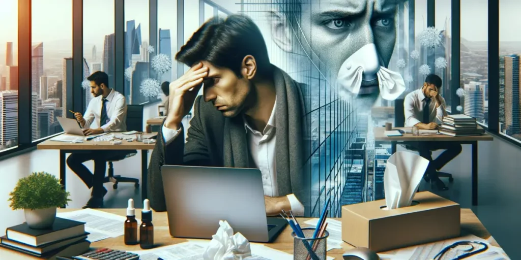 A photo depicting the hidden relationship between stress and rhinitis. The image features an office setting where a visibly stressed person with dark