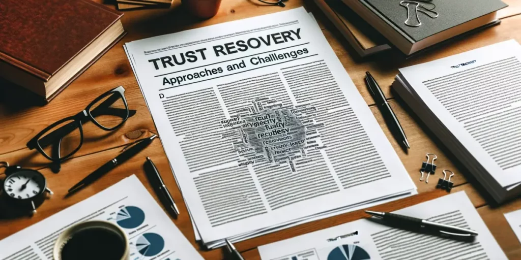 A photo of a research paper on trust recovery, spread out on a wooden desk. The title 'Trust Recovery_ Approaches and Challenges' is visible at the to