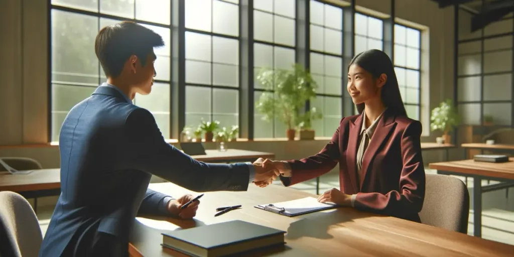 A photo of two diverse business professionals shaking hands in a bright office setting, symbolizing the restoration of trust. The scene is set in a mo