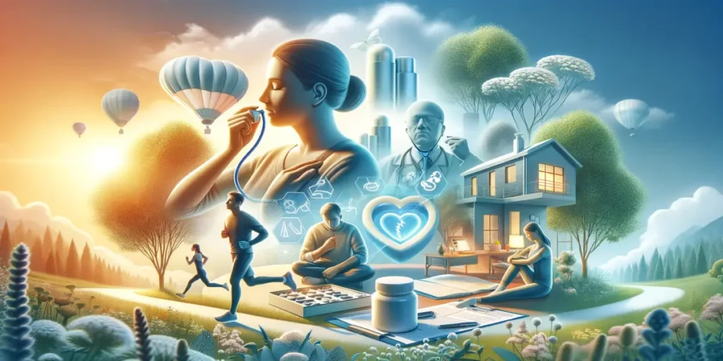 A serene and uplifting scene representing asthma management and healthy lifestyle choices. The image shows a calm and peaceful environment, emphasizin