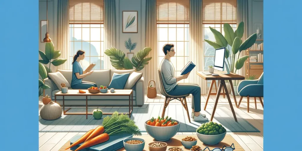 A serene home environment focusing on habits promoting eye health. The scene includes a person with a balanced posture reading a book at a comfortable