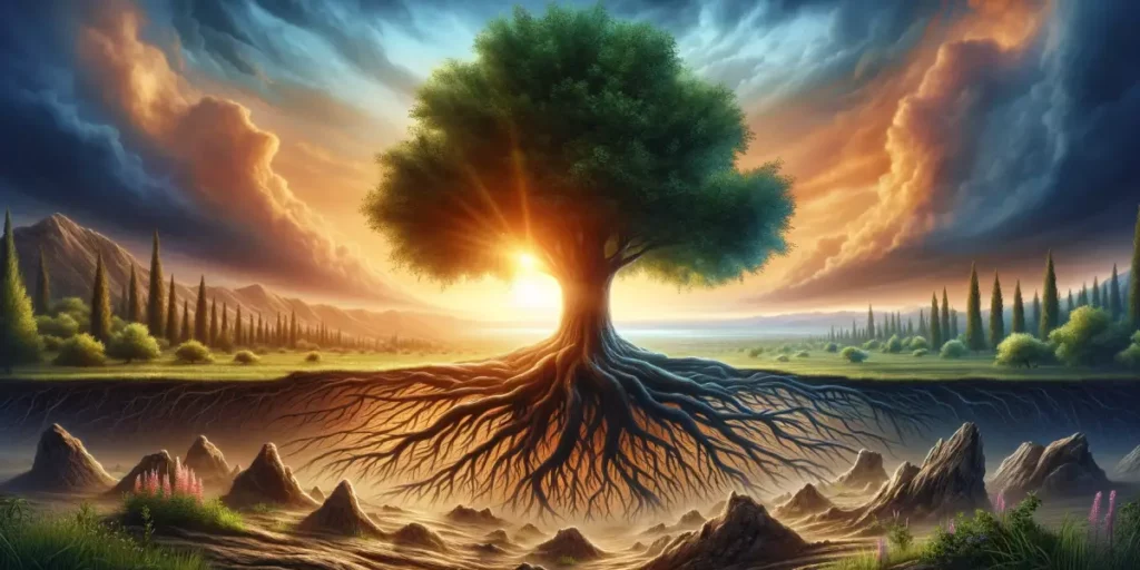 A serene landscape depicting resilience and growth in the face of challenges, with a large resilient tree standing firmly in the center, its roots dee