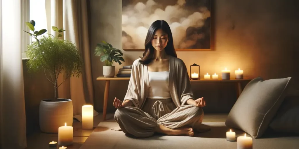 A serene room with soft ambient lighting. In the center, an Asian female in her 30s is sitting cross-legged on a plush cushion. She's dressed in loose