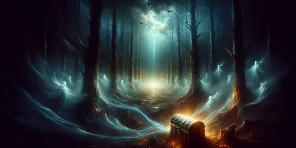 A symbolic representation of the desire and danger of possession. The scene depicts a vast, dark forest with a mysterious, glowing treasure chest at i