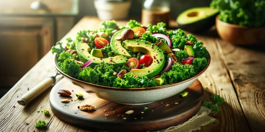 A vibrant and appetizing image of avocado and kale salad. The salad is beautifully presented in a modern, elegant bowl, placed on a rustic wooden tabl