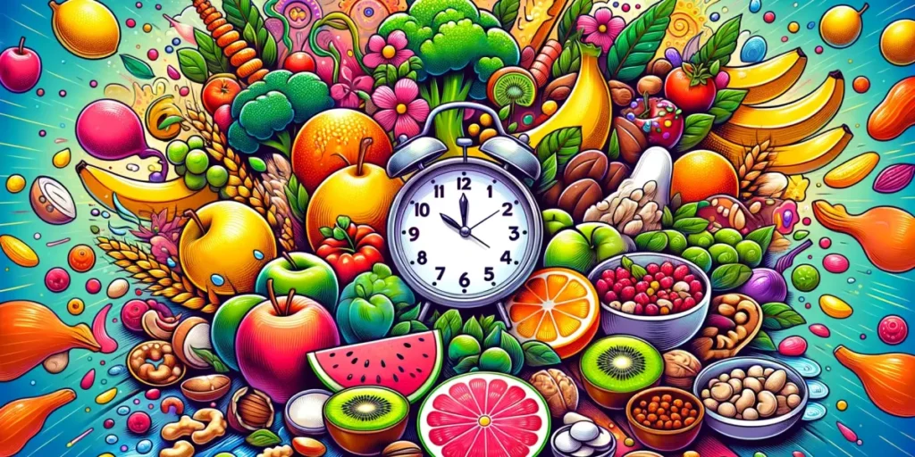 A vibrant and emotional illustration representing intermittent fasting in a friendly and slightly cute style. The image features a variety of healthy