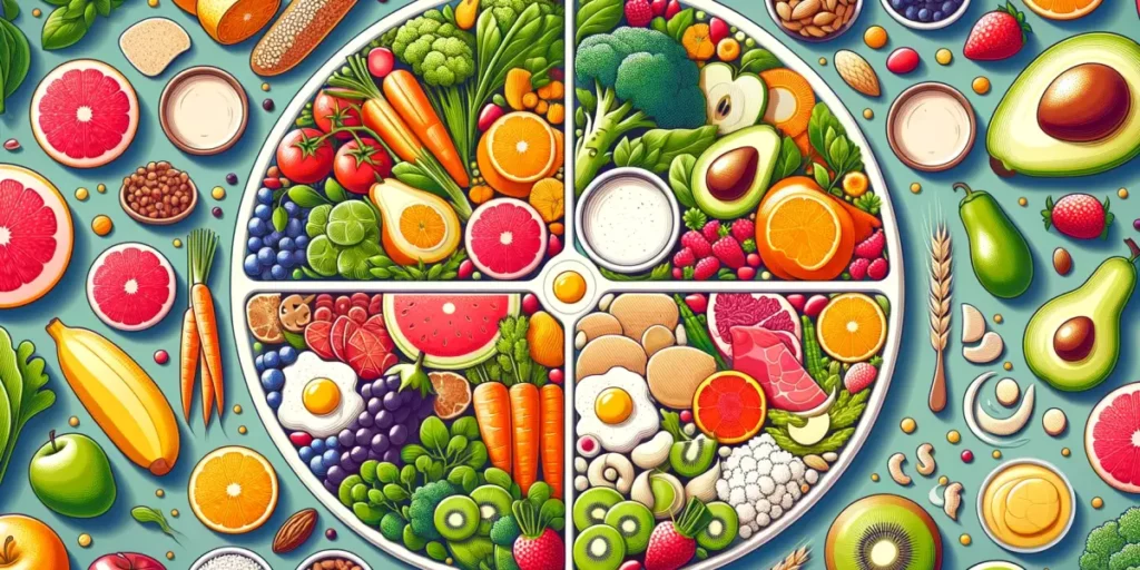 A visually appealing and informative illustration showing a balanced and healthy diet. The image should depict a variety of foods that are commonly re