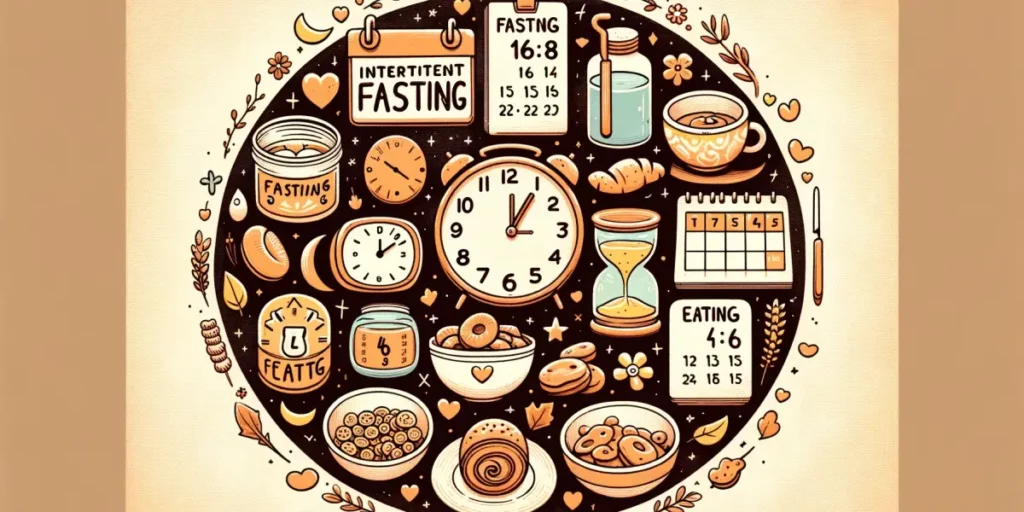 A warm, engaging, and slightly whimsical illustration depicting various methods of intermittent fasting in a friendly and approachable way. The image