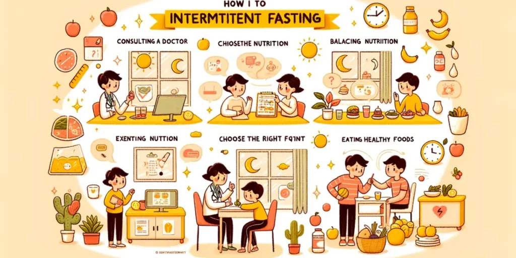 A warm, friendly, and slightly cute illustration that creatively represents the concept of intermittent fasting and addresses common questions about i