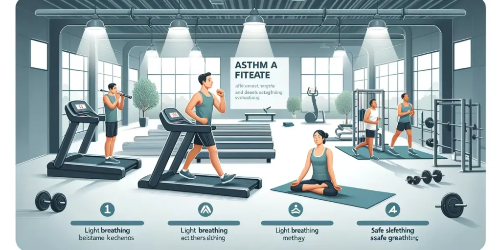A wide-format educational illustration for an exercise guide for asthma patients. The scene shows an indoor gym with various exercise stations, each l