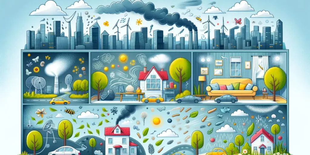 A wide illustration showing various environmental factors affecting asthma management. The scene includes a cityscape with pollution, a home with dust
