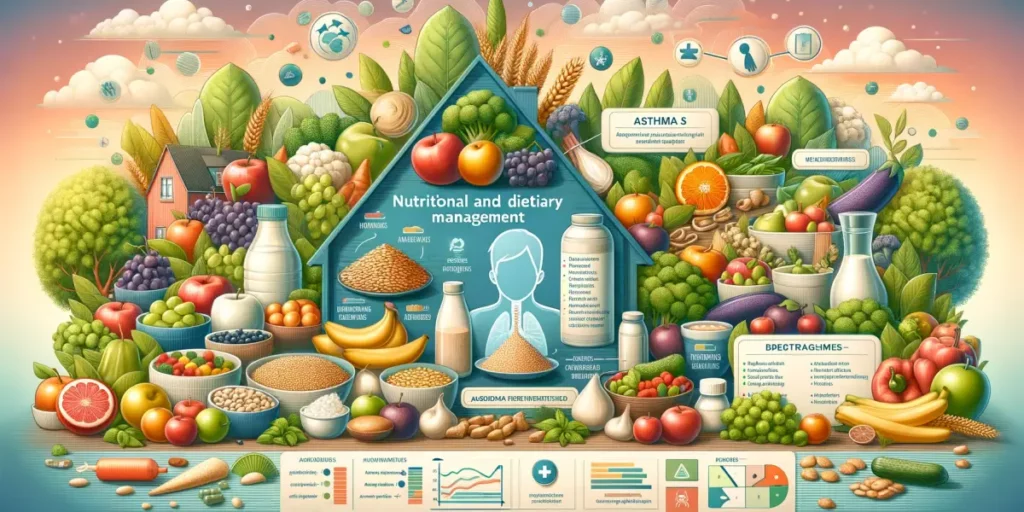 A wide image depicting a nutritional and dietary management plan for asthma patients. The image includes a variety of healthy foods such as fruits, ve