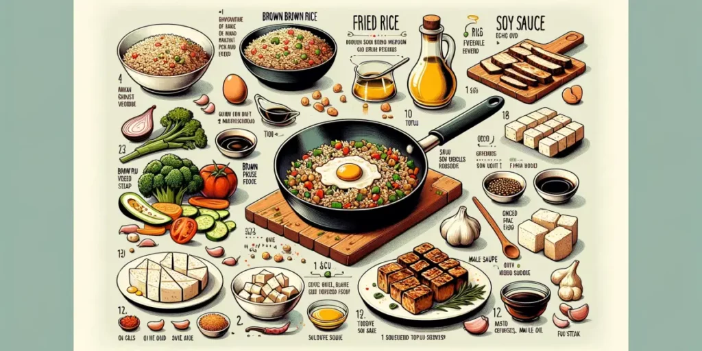 A wide image depicting recipes for brown rice and soy products. The left side shows the steps for making brown rice fried rice, including images of co