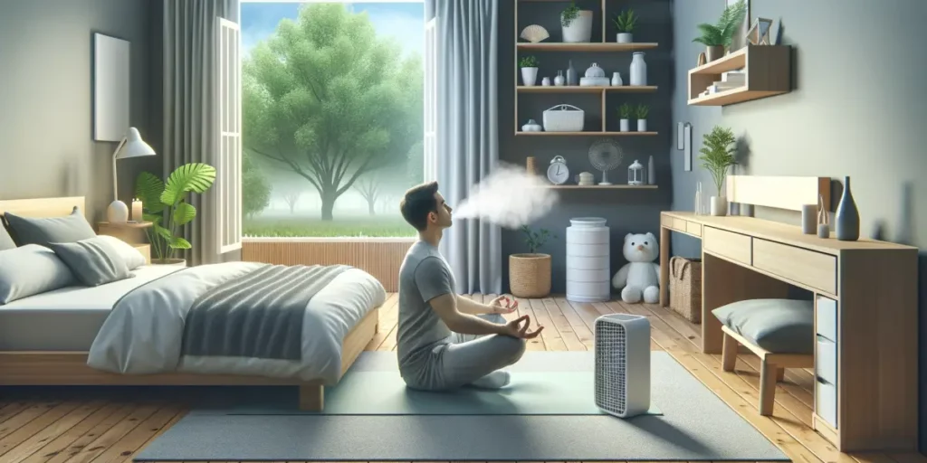 A wide image illustrating lifestyle modifications for asthma patients. The scene shows a clean, well-ventilated bedroom with hypoallergenic bedding. T