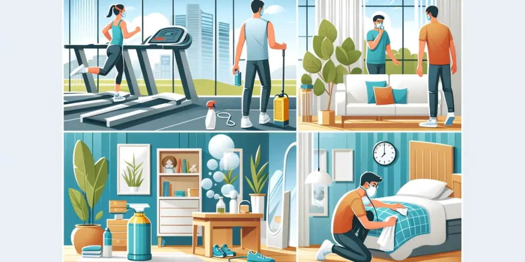 A wide image illustrating various strategies for preventing asthma in everyday activities. The scene includes a person exercising in a clean, well-ven