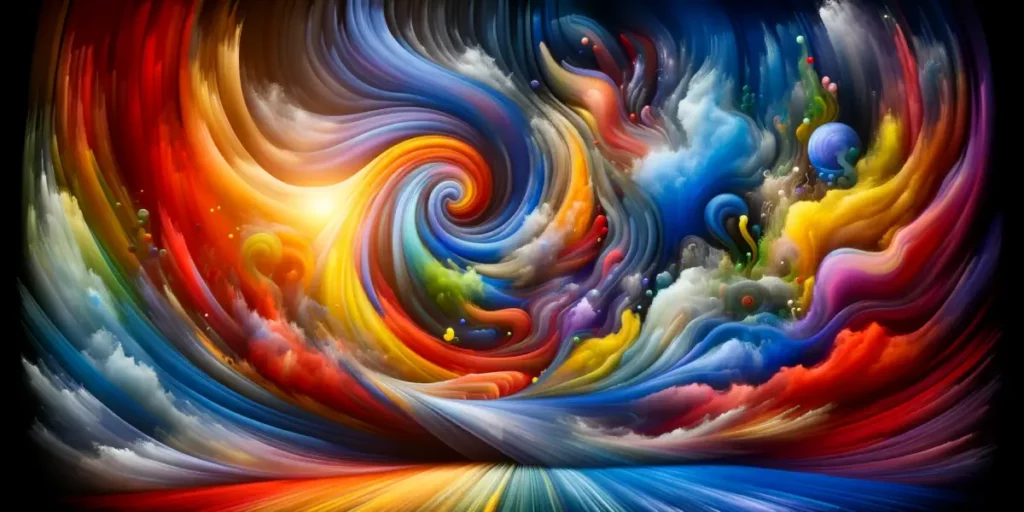 A wide image that illustrates the concept of 'Harmony of Emotions'. The scene is an abstract representation with swirling colors and shapes intertwini