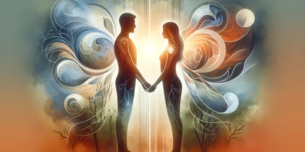 An abstract representation of two individuals fostering a strong and healthy relationship. The image should visually symbolize understanding, respect,