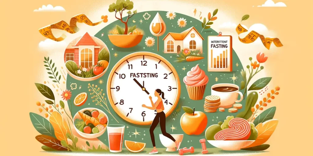 An appealing and gentle illustration that showcases the impact of intermittent fasting on weight management. The image should depict a balanced lifest