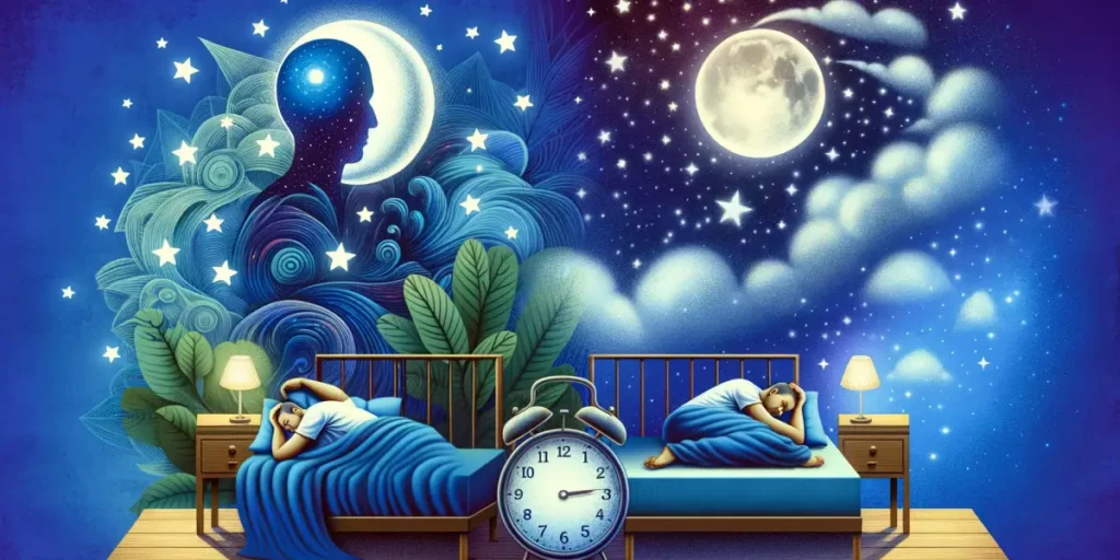 An artistic depiction of the correlation between tension headaches and sleep. Illustrate a peaceful bedroom with a person sleeping comfortably under a