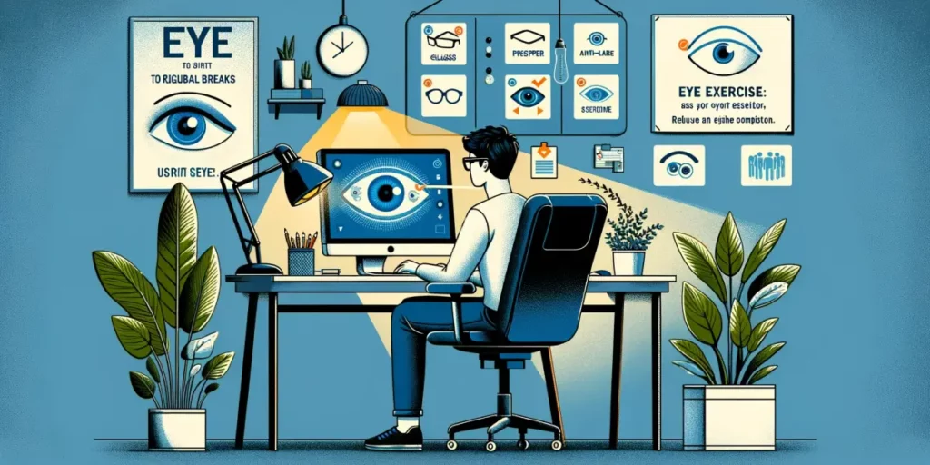 An illustration depicting strategies for maintaining eye health while using a computer. The scene includes an ergonomic workspace with an adjustable c