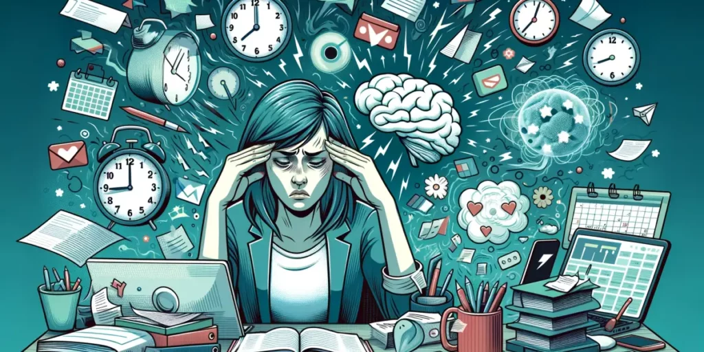 An illustration depicting the psychological factors contributing to tension headaches. This should show a stressed individual, a Caucasian female in h