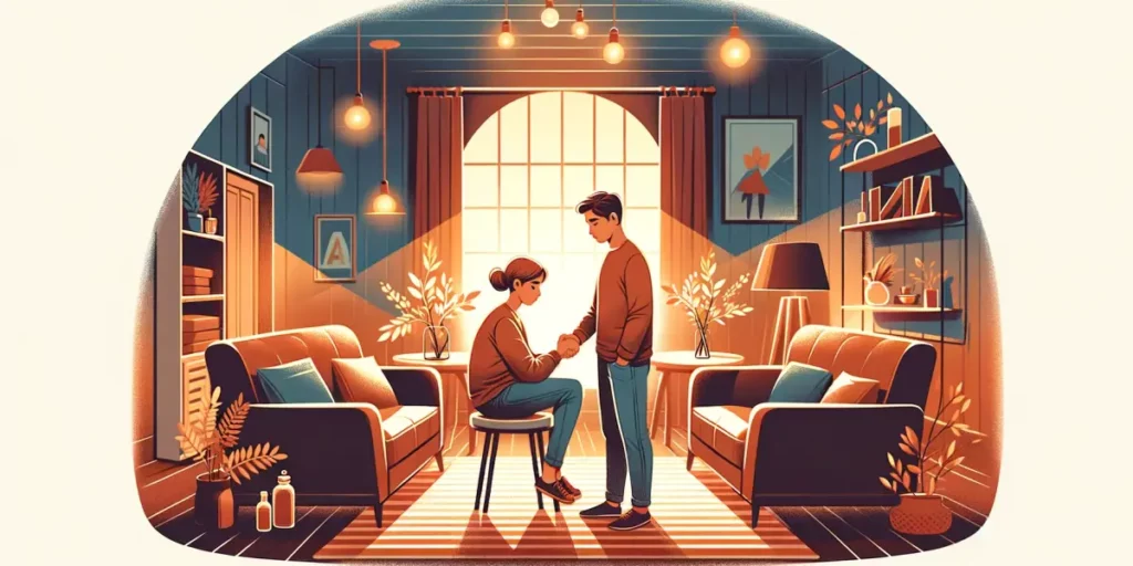 An illustration depicting the theme of sincere apology and reconciliation in a relationship. The image should show two individuals in a cozy indoor se