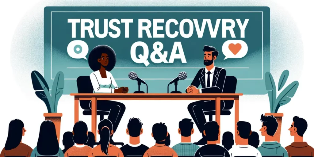 An illustration of a Q&A session on trust recovery, featuring a panel of diverse experts. A woman of African descent and a man of Asian descent are si