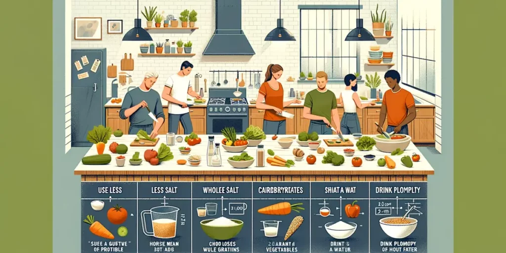An illustration of tips for preparing meals for a healthy diet. The image features a spacious, well-lit kitchen setting, where a diverse group of peop