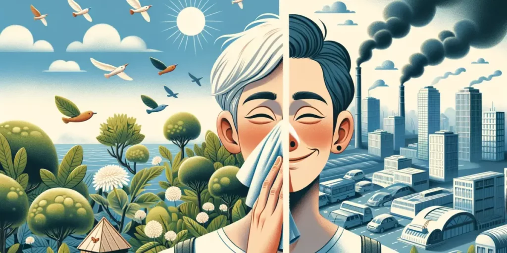 An illustration showing the impact of environmental changes on rhinitis symptoms. The image is split into two halves; on the left, a person with light
